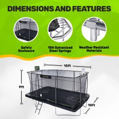 JumpKing 10'x15' Rectangle Trampoline with 2 Powder Coated Basketball Hoops & Breakaway Rim and Ladder- Large Recreational Trampoline for Kids and Adults with Enclosure Net