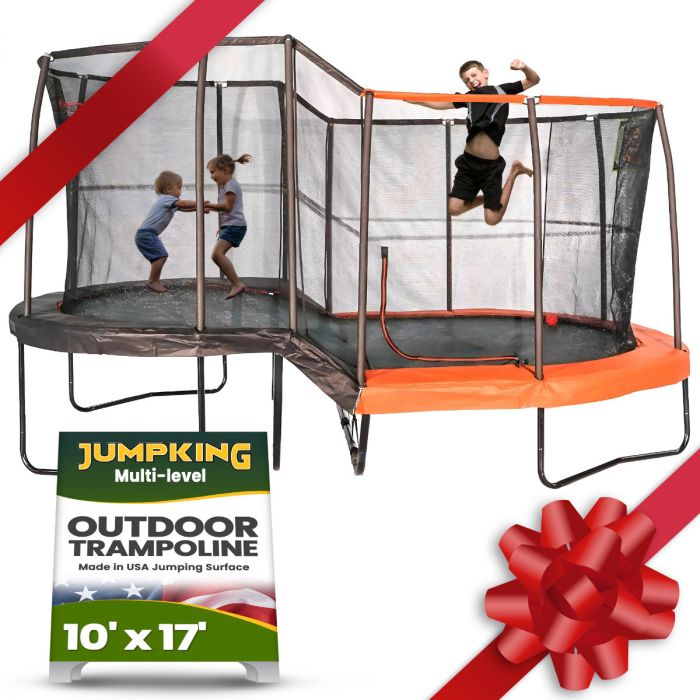 JumpKing 10 x17 Multi Level Oval Trampoline Outdoor Indoor Recreational Trampoline w Basketball Hoop Toss Game