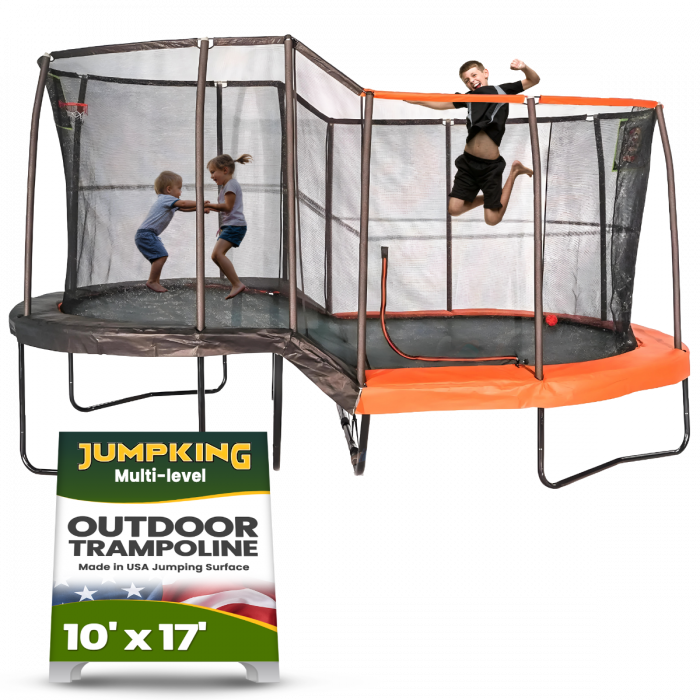 JumpKing 10 x17 Multi Level Oval Trampoline Outdoor Indoor Recreational Trampoline w Basketball Hoop Toss Game Enclosure Net Large Trampoline